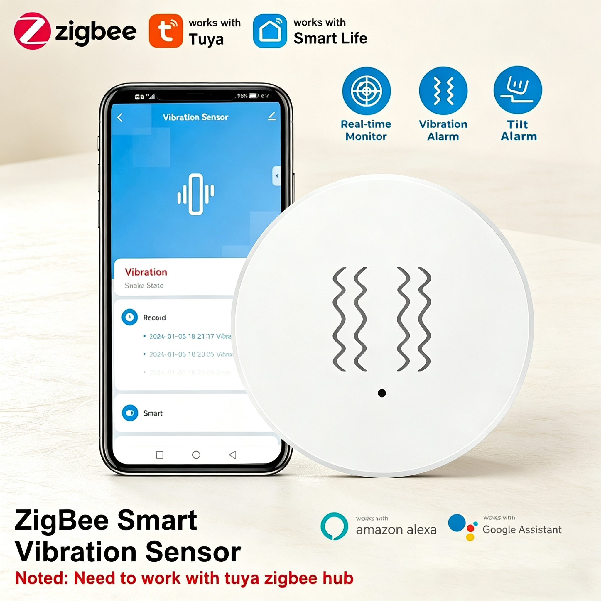 Home Security Devices - Tuya ZigBee Smart Vibration & Tilt